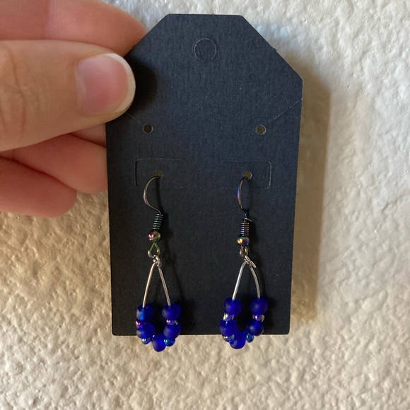 Handmade Blue Iridescent Beaded Dangle Earrings - Picture 2 of 6